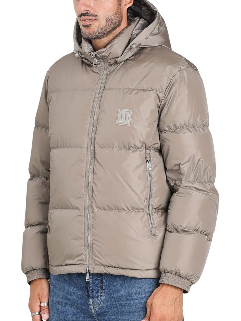 Armani Exchange Taupe Quilted Removable Hood Polyamide Down Jacket