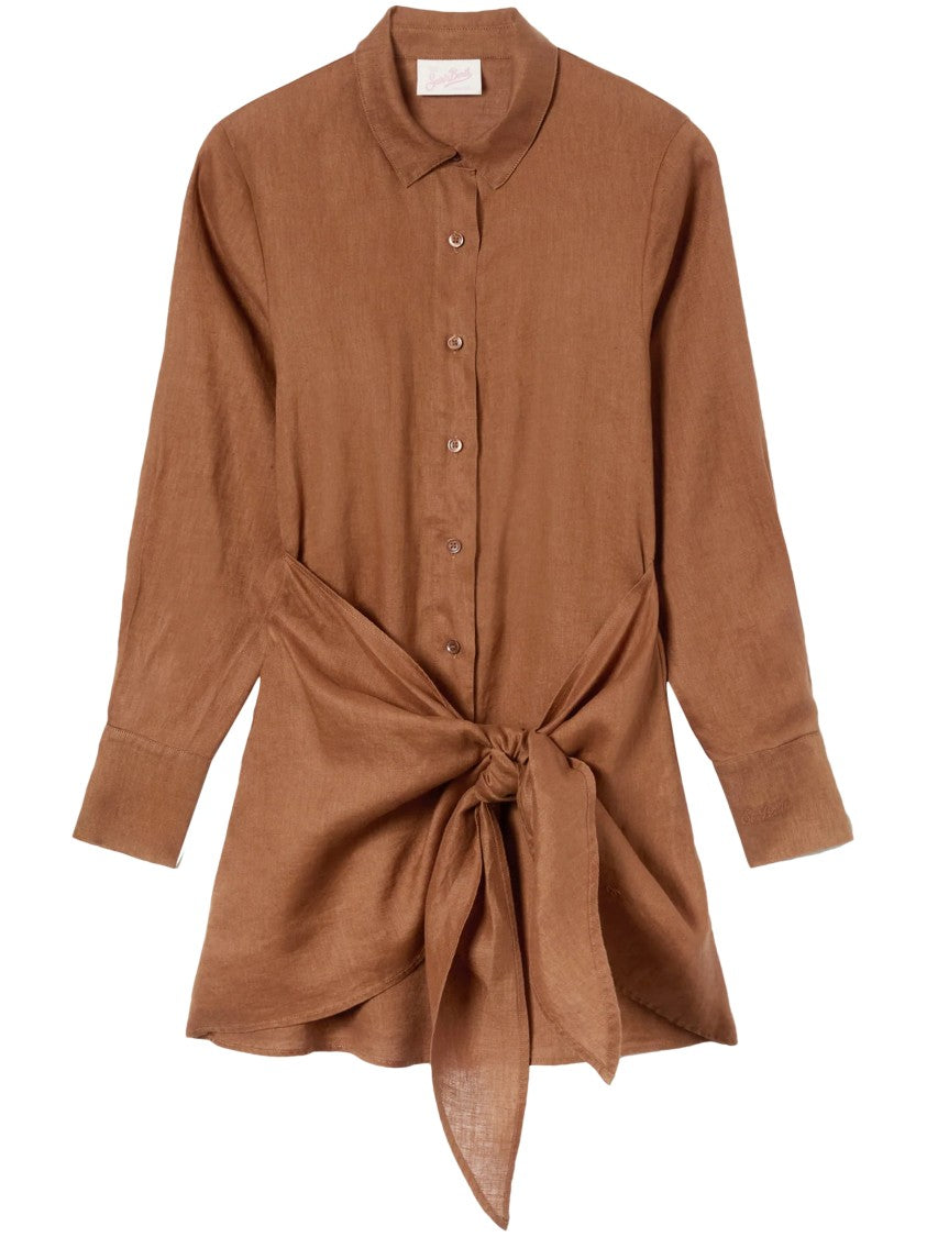 Mc2 Saint Barth Long Sleeve Linen Dress With Tie Detail