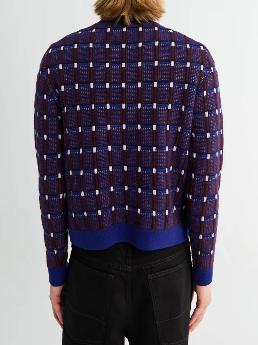 Jil Sander Textured Checkered Sweater In Deep Blue And Burgundy
