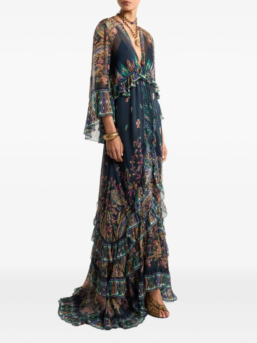Etro Blue Maxi Flared Paisley Ruffled Dress