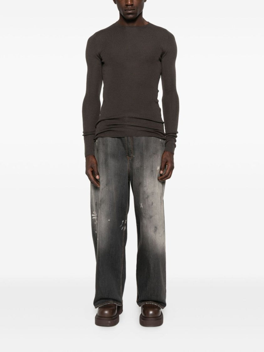 Rick Owens Slim Fit Ribbed Knit Sweater With Raw-Edged Hem