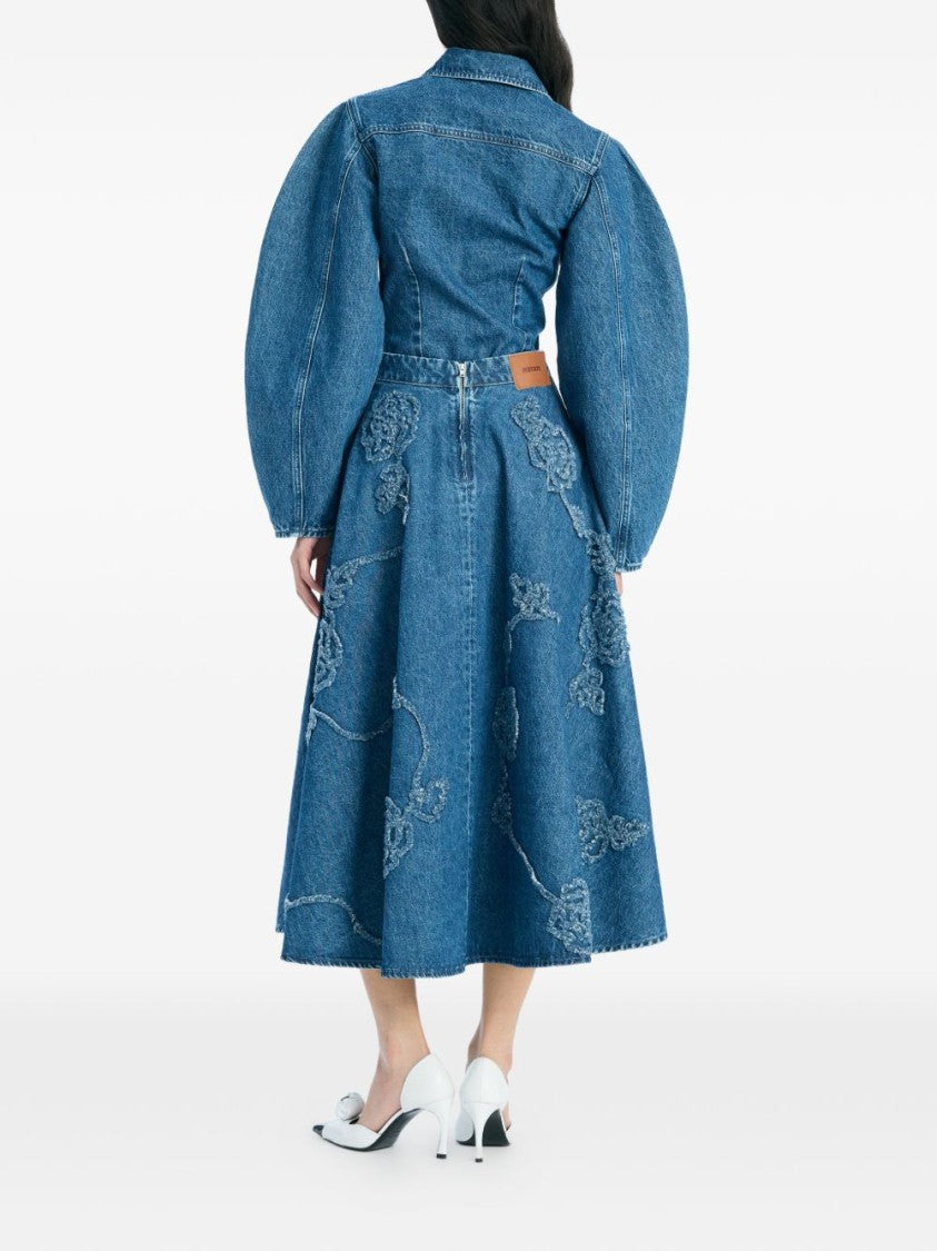 Rotate Flared Blue Midi Skirt With Intricate Floral Embroidery