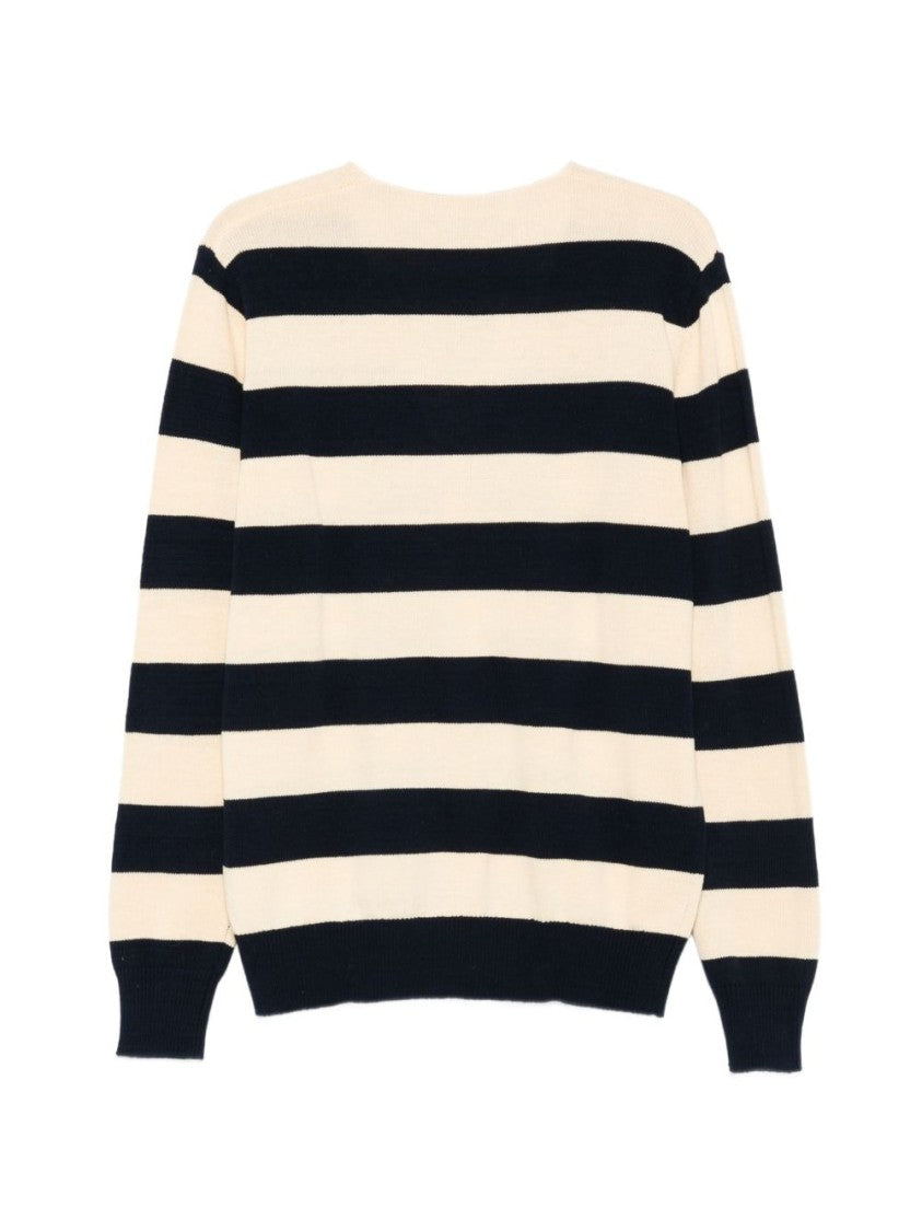 Aspesi Beige And Blue Striped V-Neck Cardigan With Button Fastening