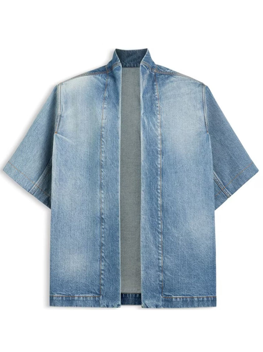 Alaïa Blue Relaxed Open-Front Short-Sleeve Denim Shirt