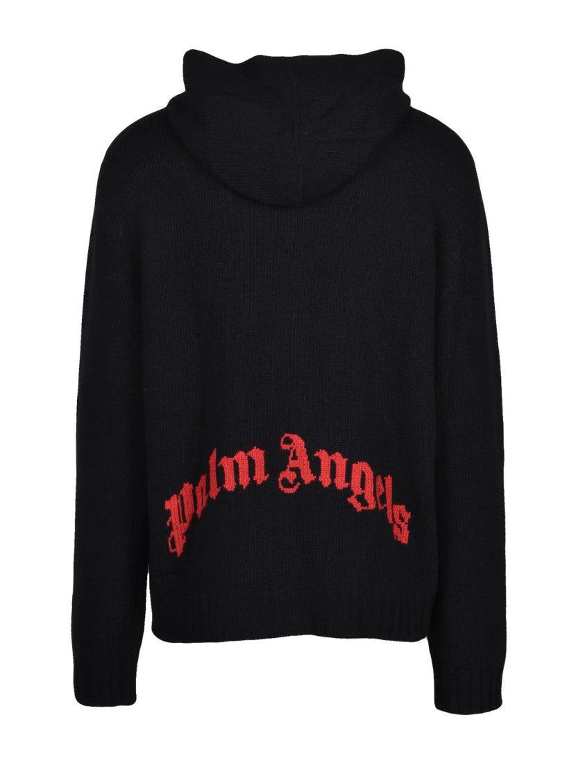 Palm Angels Black Knit Sweatshirt With Full Zipper And Hood