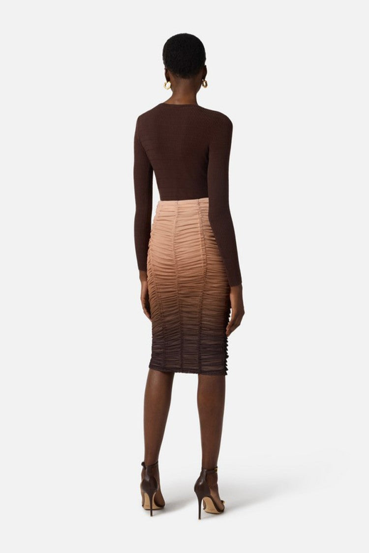 Elisabetta Franchi Brown Braided Ribbed Gold Logo Plaque Lyocell-Blend Cardigan