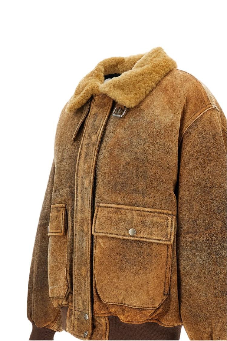 Halfboy Light Brown Alice Distressed Leather Bomber Jacket
