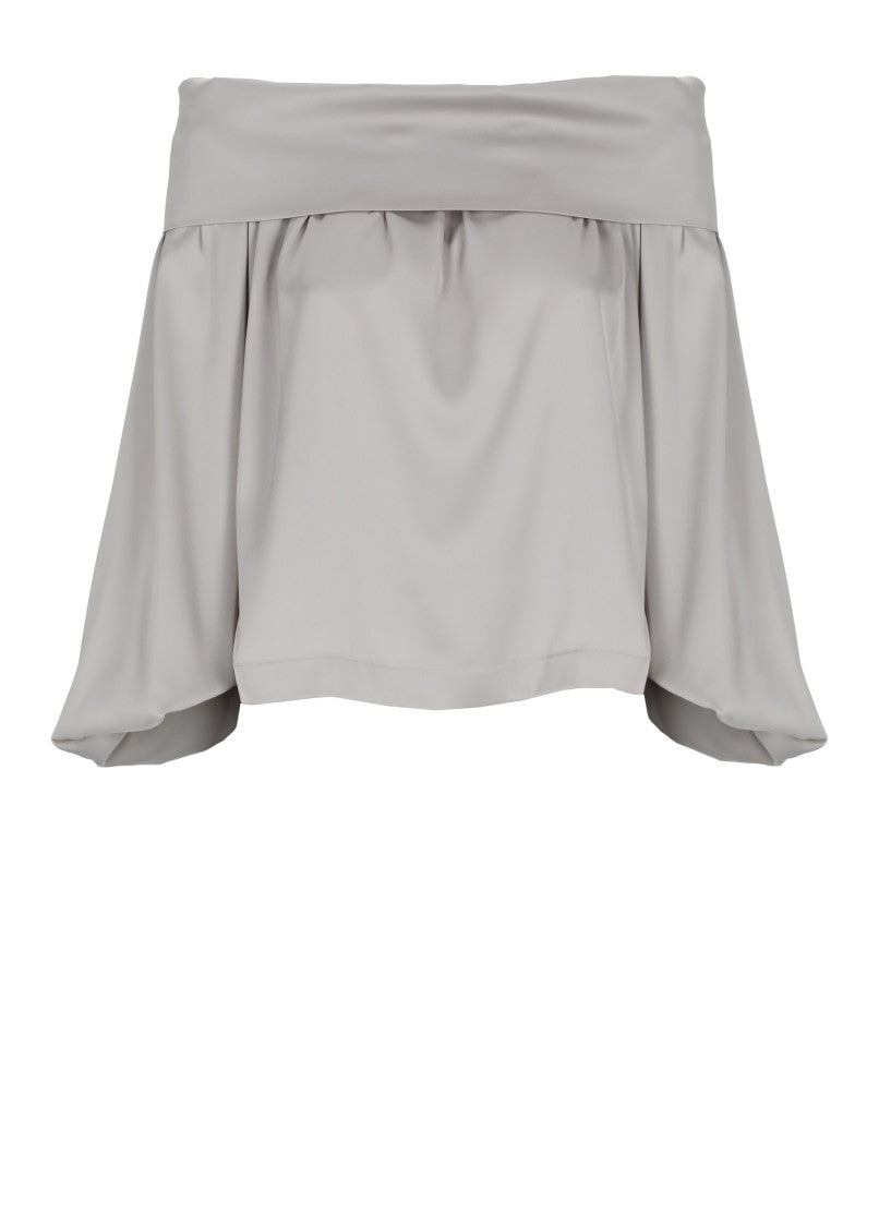 D. Exterior Ivory Satin Blouse With Straight Neck