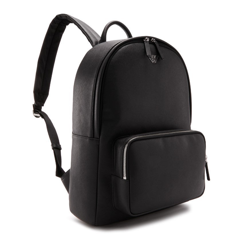 Emporio Armani Black Backpack With Shaped Metal Eagle Logo And Zip Closure
