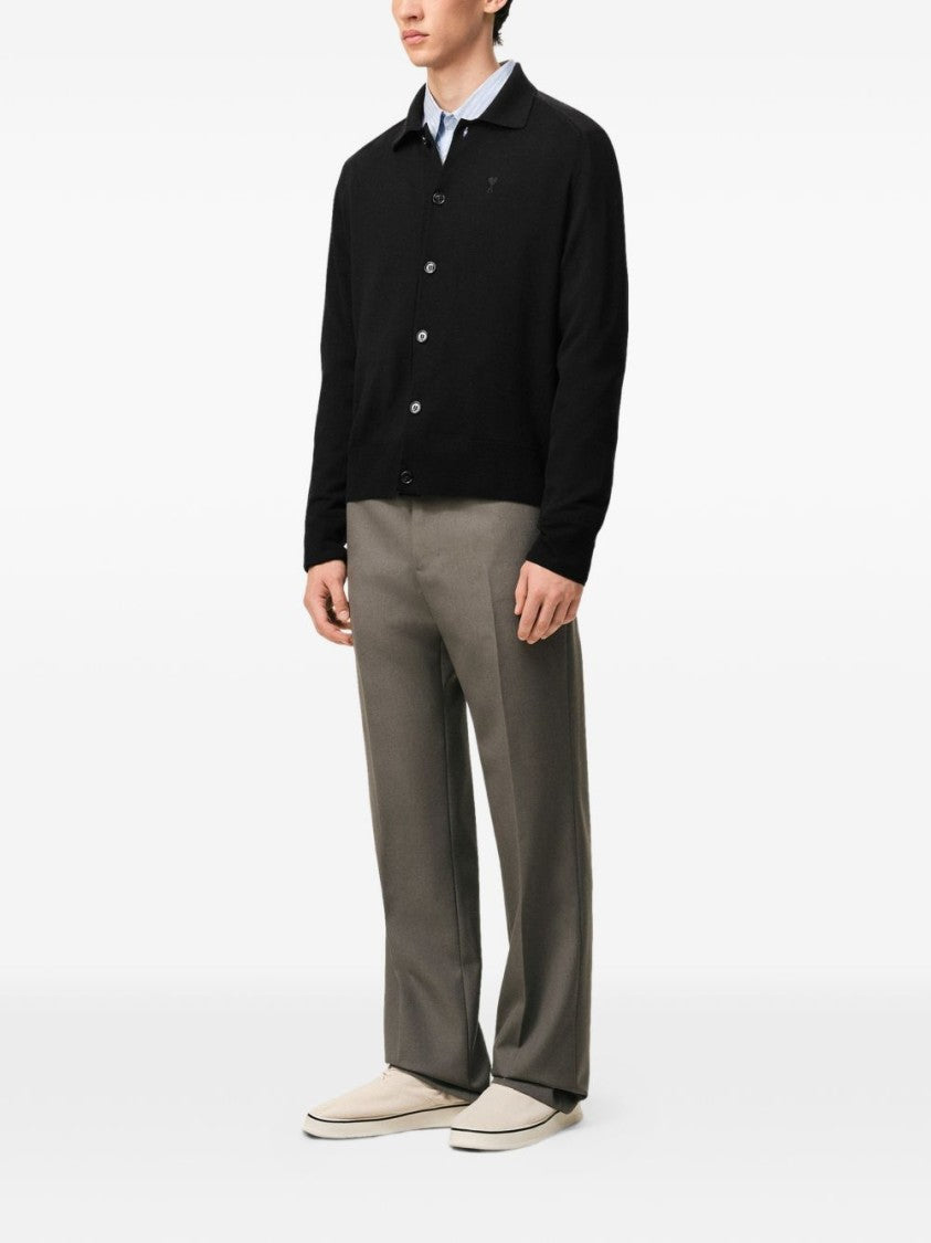 Ami Paris Black Polo Collar Embroidered Knit Sweater