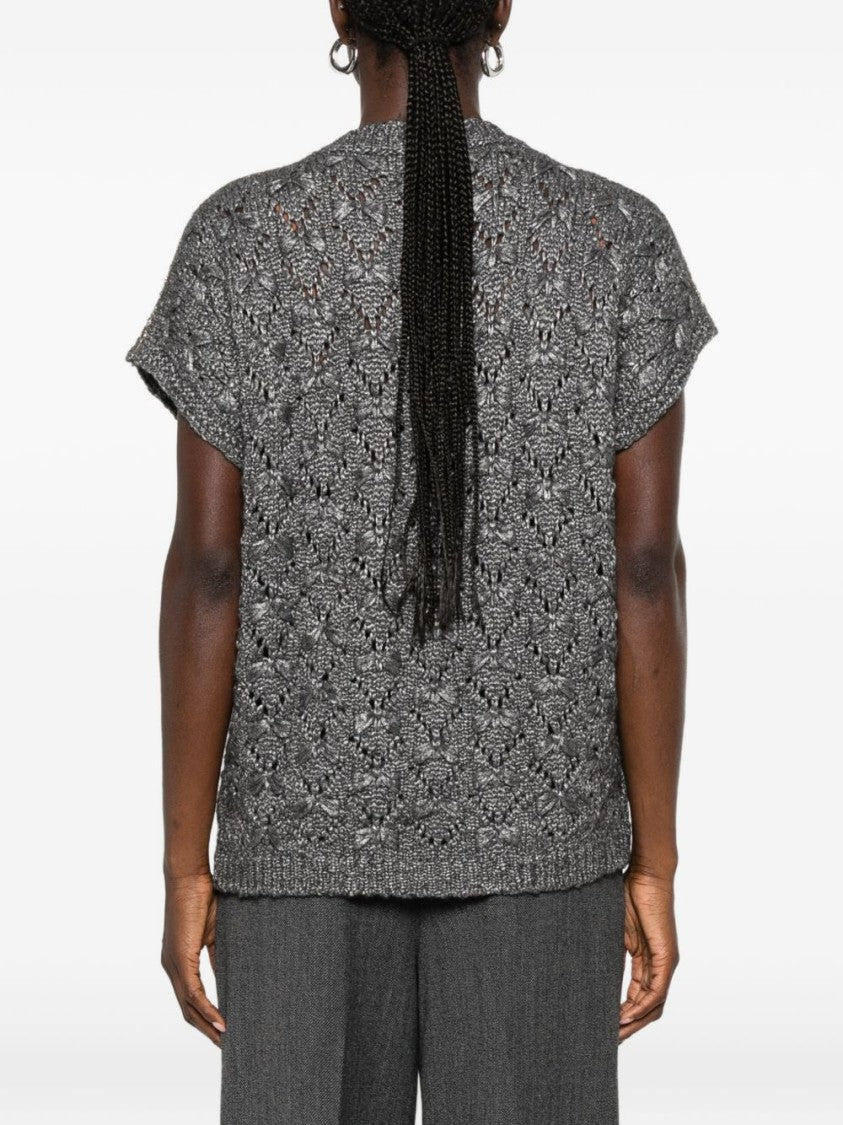 Fabiana Filippi Grey Boxy Textured Knit Short Sleeve Sweater