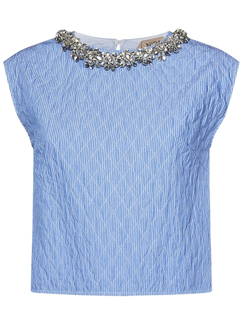 N°21 Crystal-Embellished Light Blue Quilted Crop Top