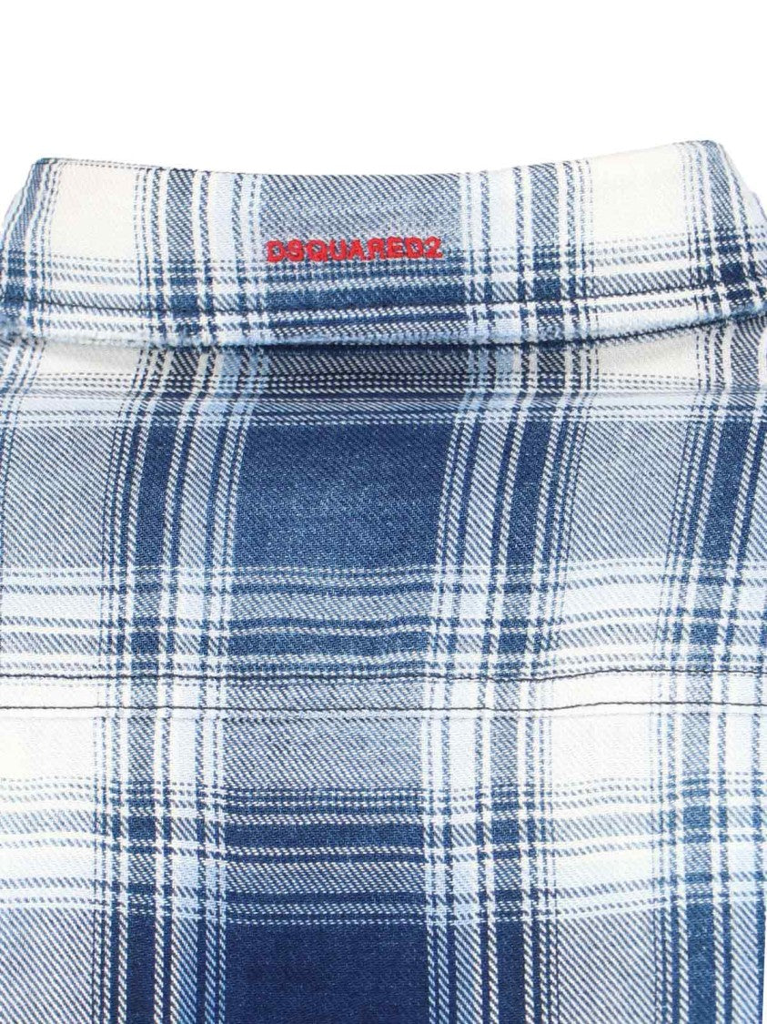 Dsquared2 Vintage Blue Plaid Shirt With Crystal Accents And Classic Collar