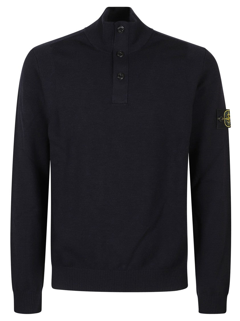 Stone Island High Collar Pullover With Buttoned Placket And Logo Patch