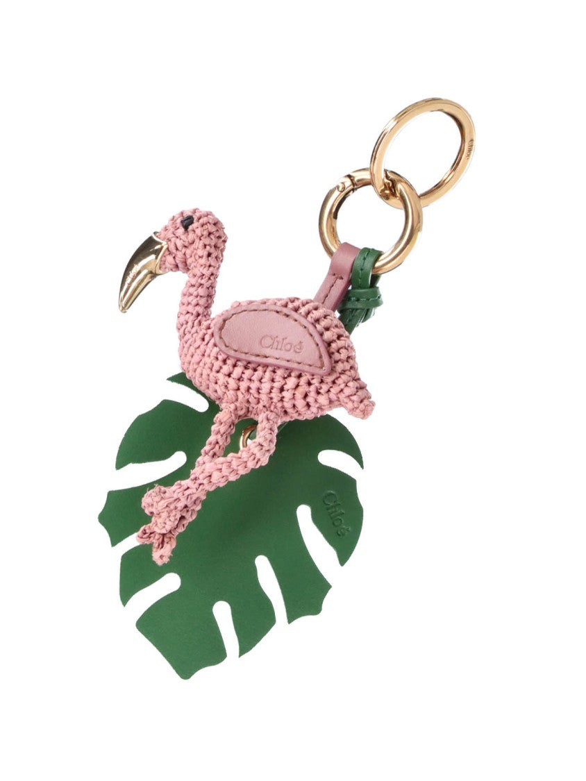 Chloé Pink Symbols Flamingo Raffia Keychain