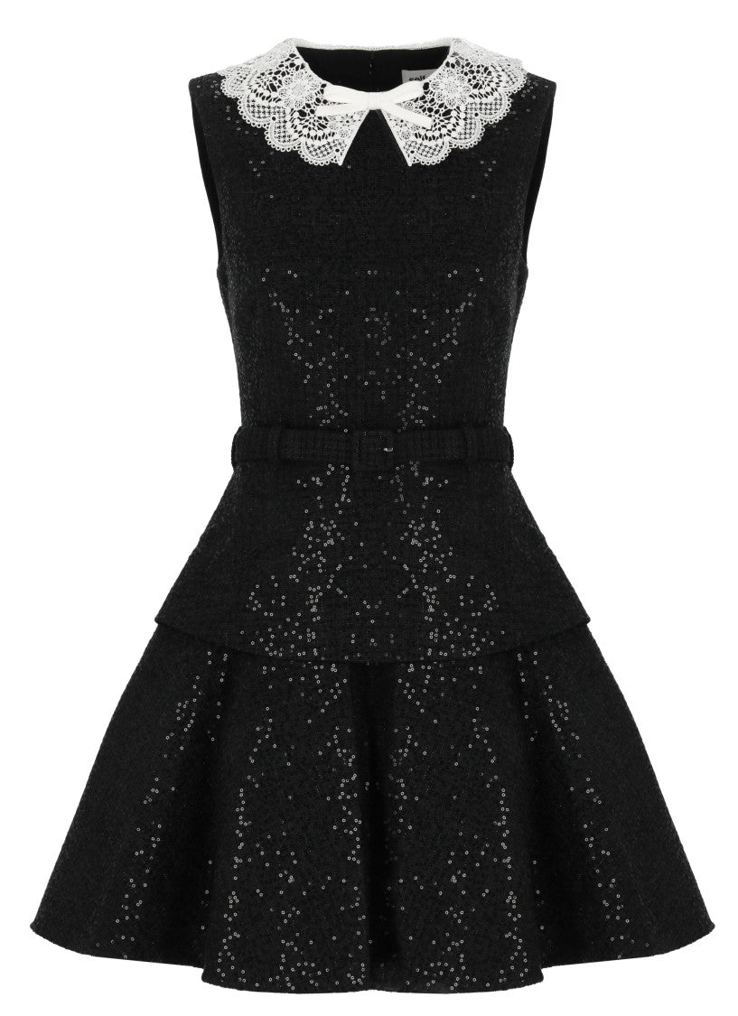 Self-Portrait Boucle Dress With All-Over Sequins And Lace Details