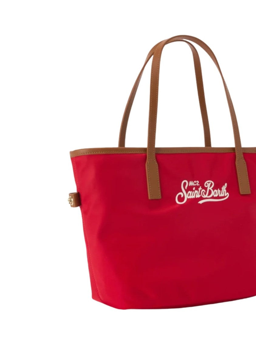 Mc2 Saint Barth Spacious Red Tote Bag With Brown Trim