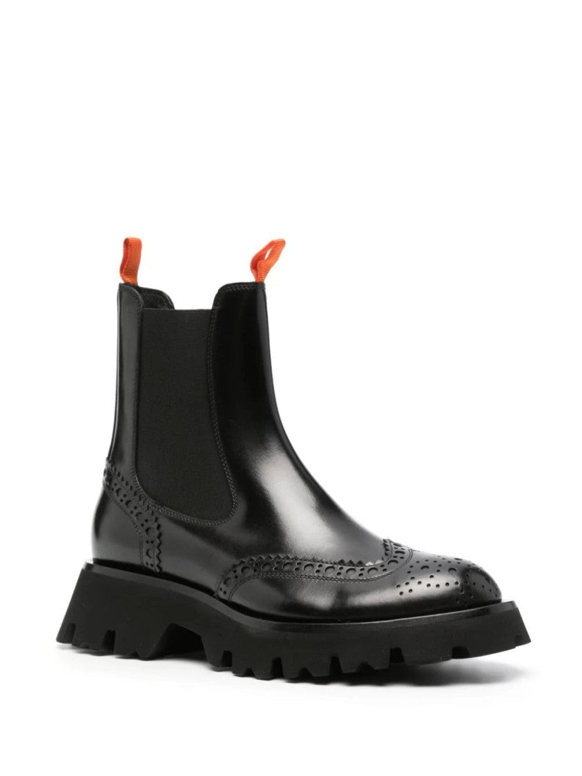 Santoni Brogued Black Leather Ankle Boots With Chunky Rubber Sole