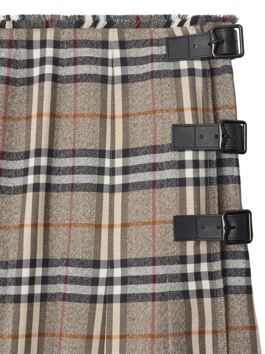 Burberry Plaid Wool Skirt With Decorative Buckles