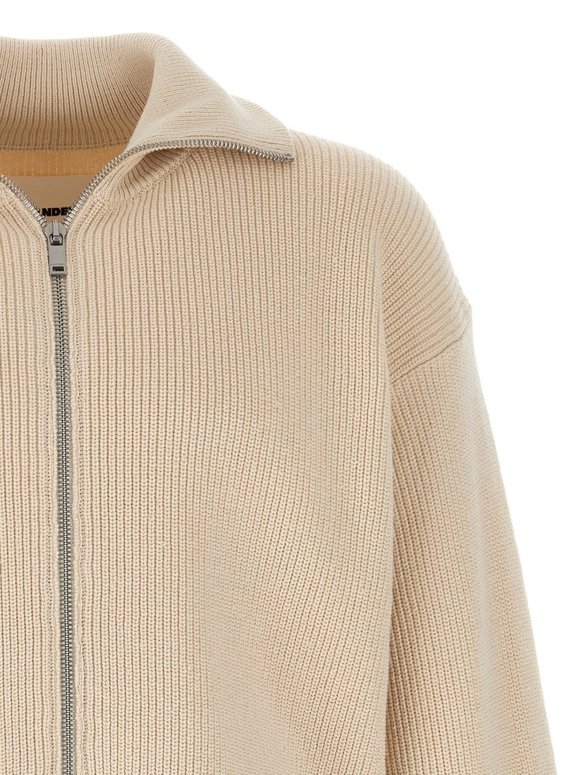Jil Sander Ribbed High Neck Zip Closure Cotton Cardigan