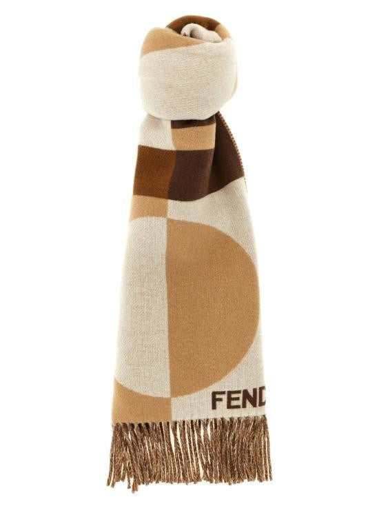 Fendi Geometric Wool And Cashmere Scarf With Fringed Edges