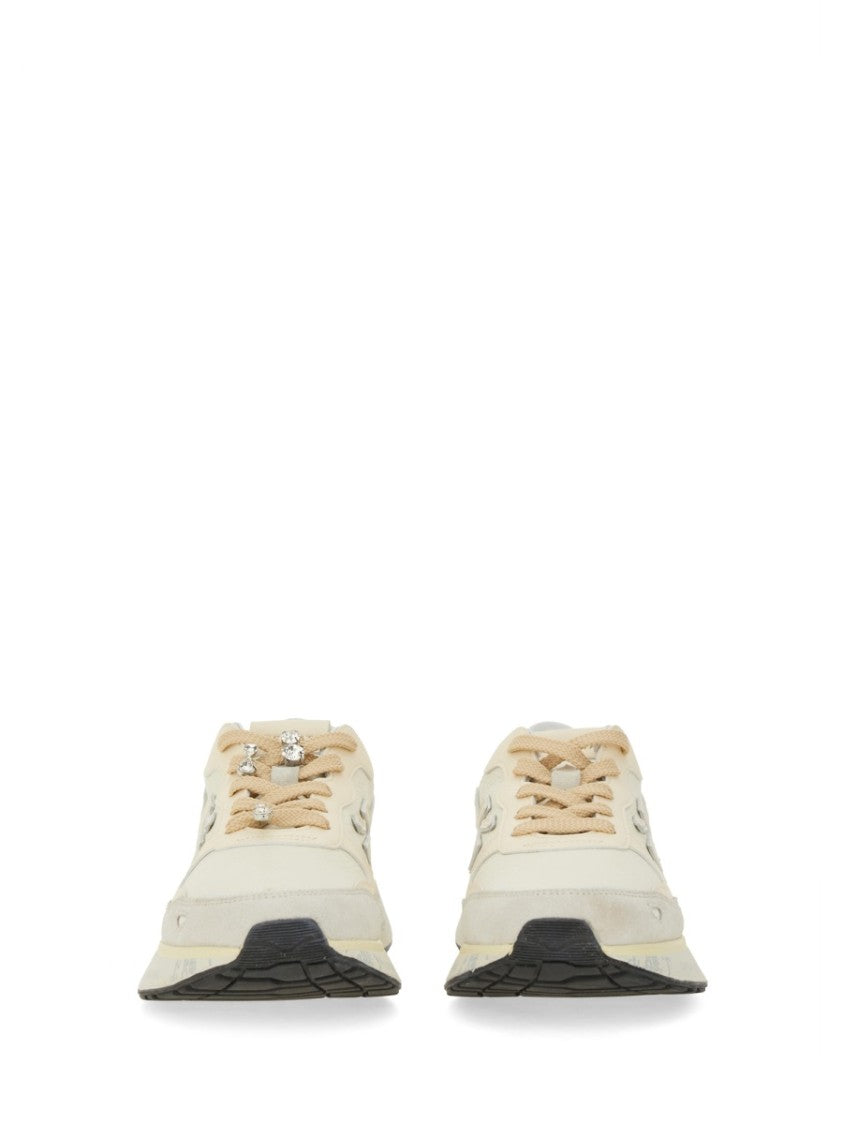 Premiata Light Beige Calf Leather Low-Top Sneakers With Metallic Accents