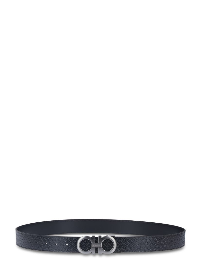 Ferragamo Textured Black Calfskin Belt With Distinctive Logo Buckle