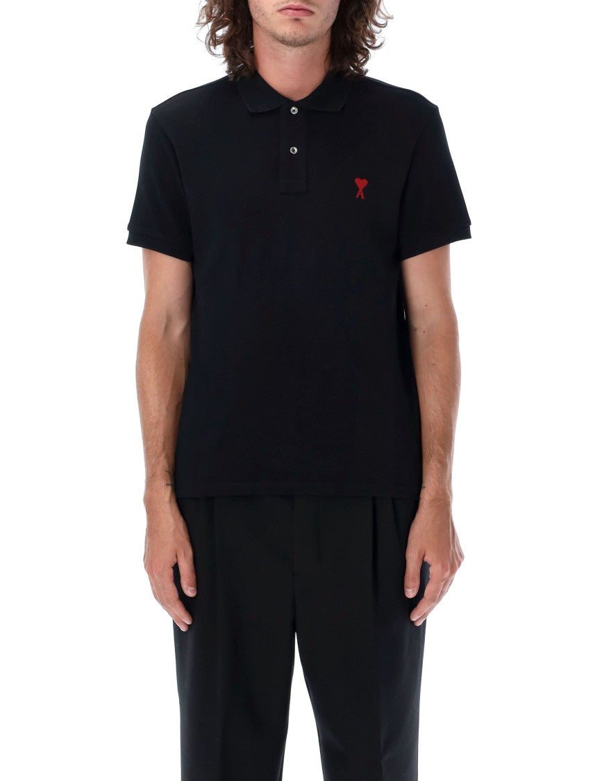 Ami Paris Classic Black Polo Shirt With Iconic Heart Logo