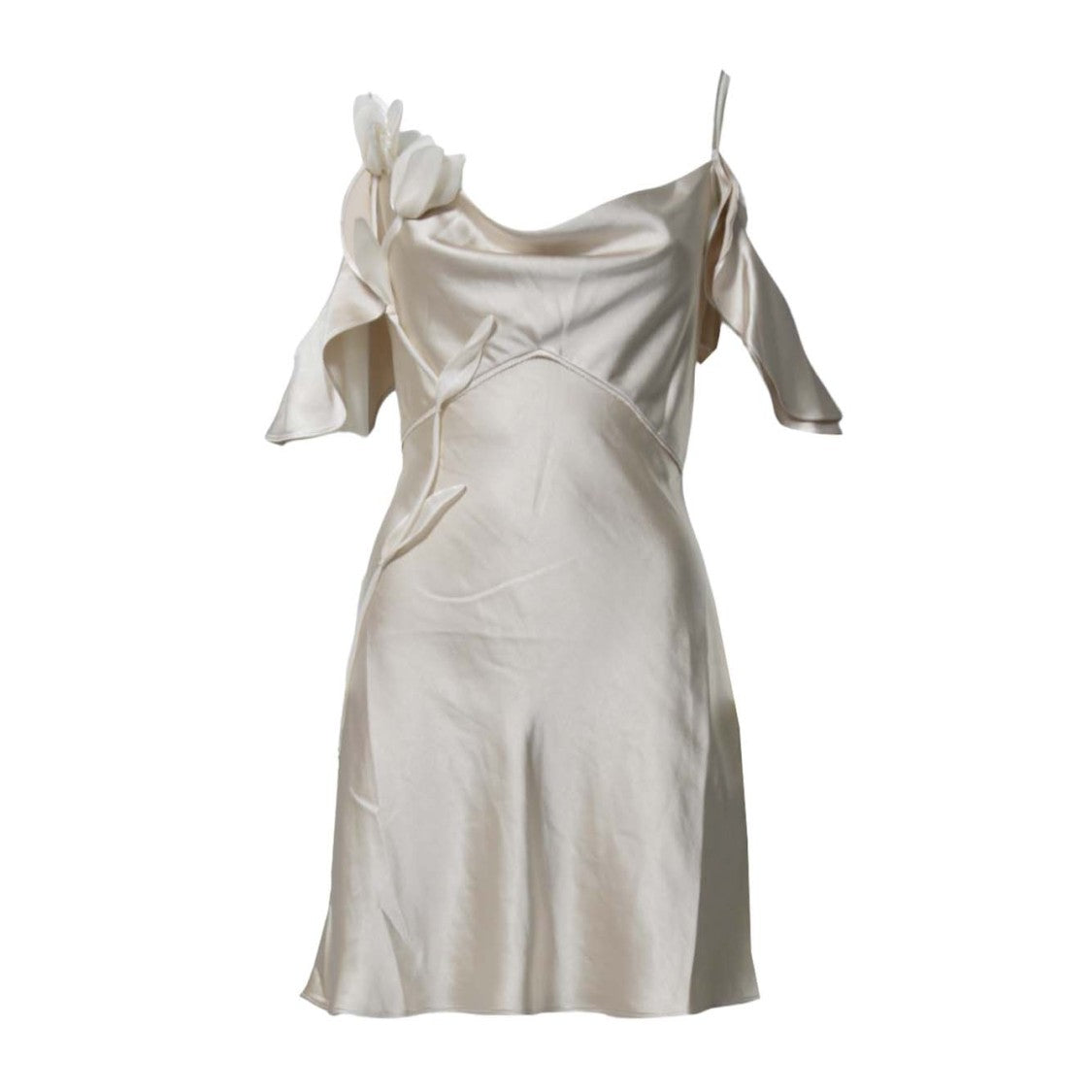 Self-Portrait Beige Satin Mini Dress With Cold Shoulder Design And Floral Appliqués