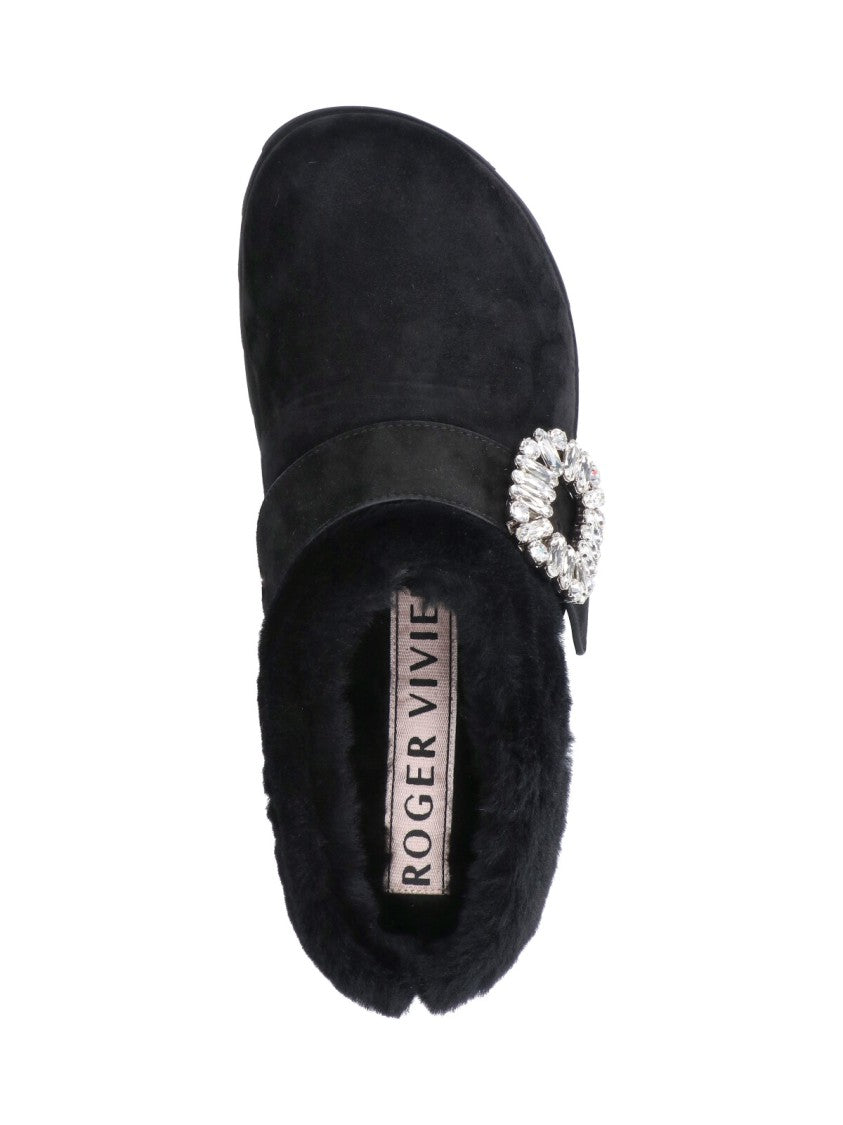 Roger Vivier Black Slidy Viv' Shearling Lined Suede Mules