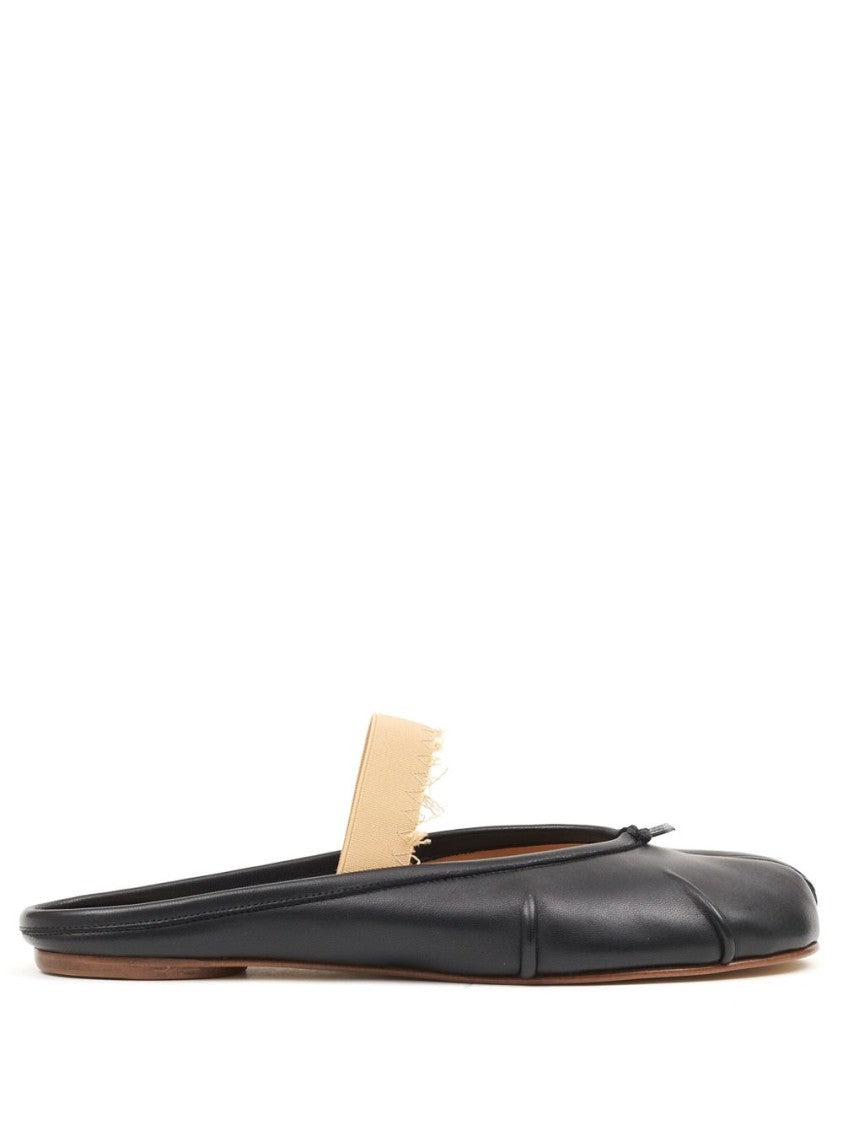 Maison Margiela Split-Toe Black Leather Flats With Frayed Beige Strap
