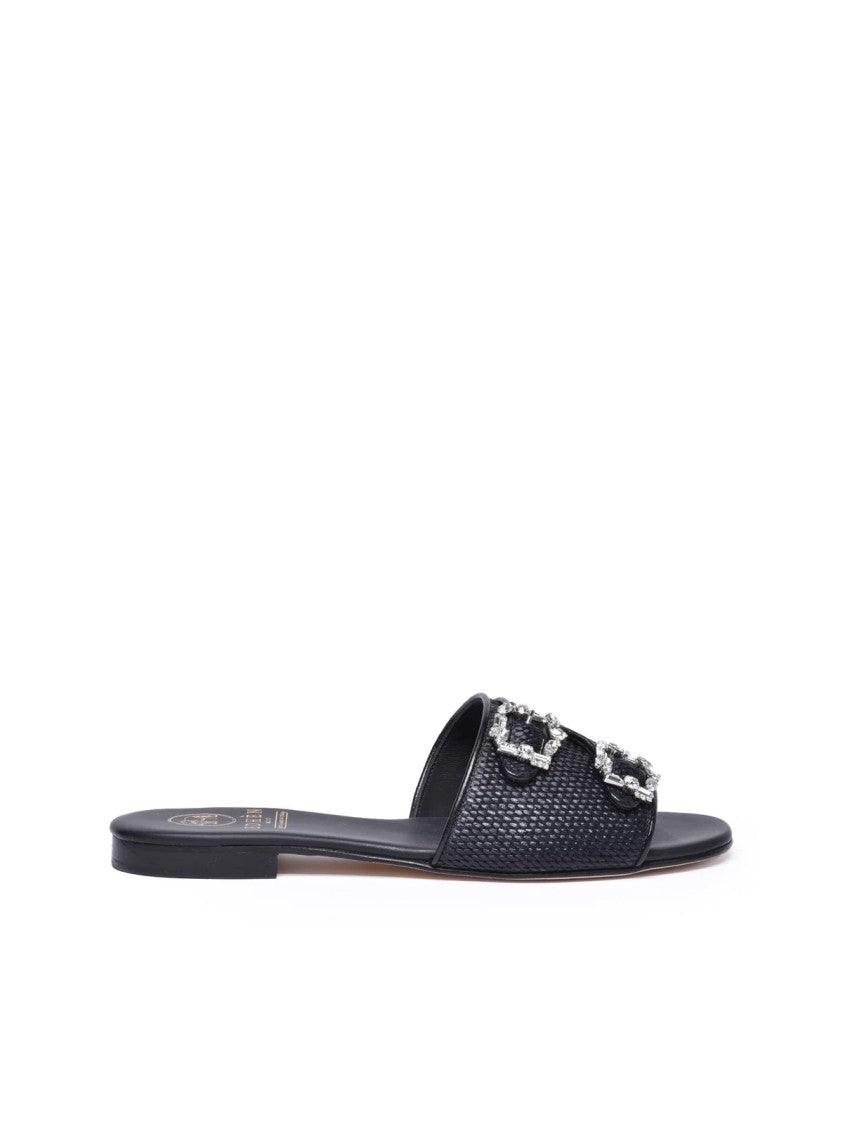 Edhen Black Raffia Leather Women's Sandals