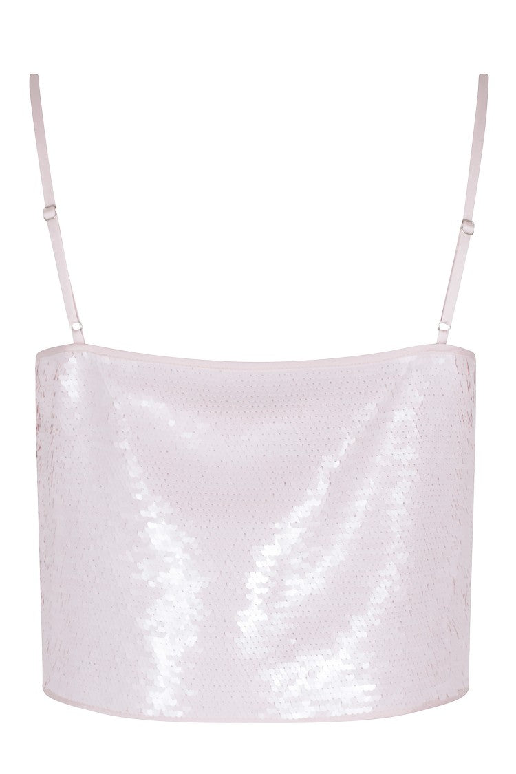 Isabelle Blanche Pink Sequined Straight-Neckline Polyester Tank Top