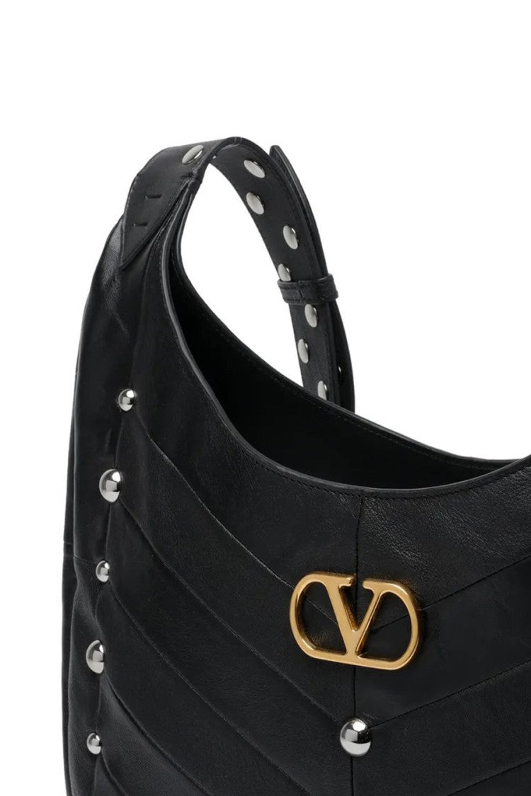 Valentino Garavani Black Studded Trim V Logo Leather Shoulder Bag