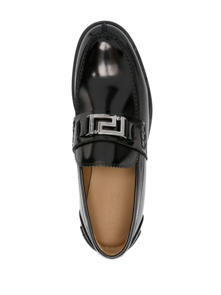 Versace Signature Greca Black Calf Leather Flat Shoes