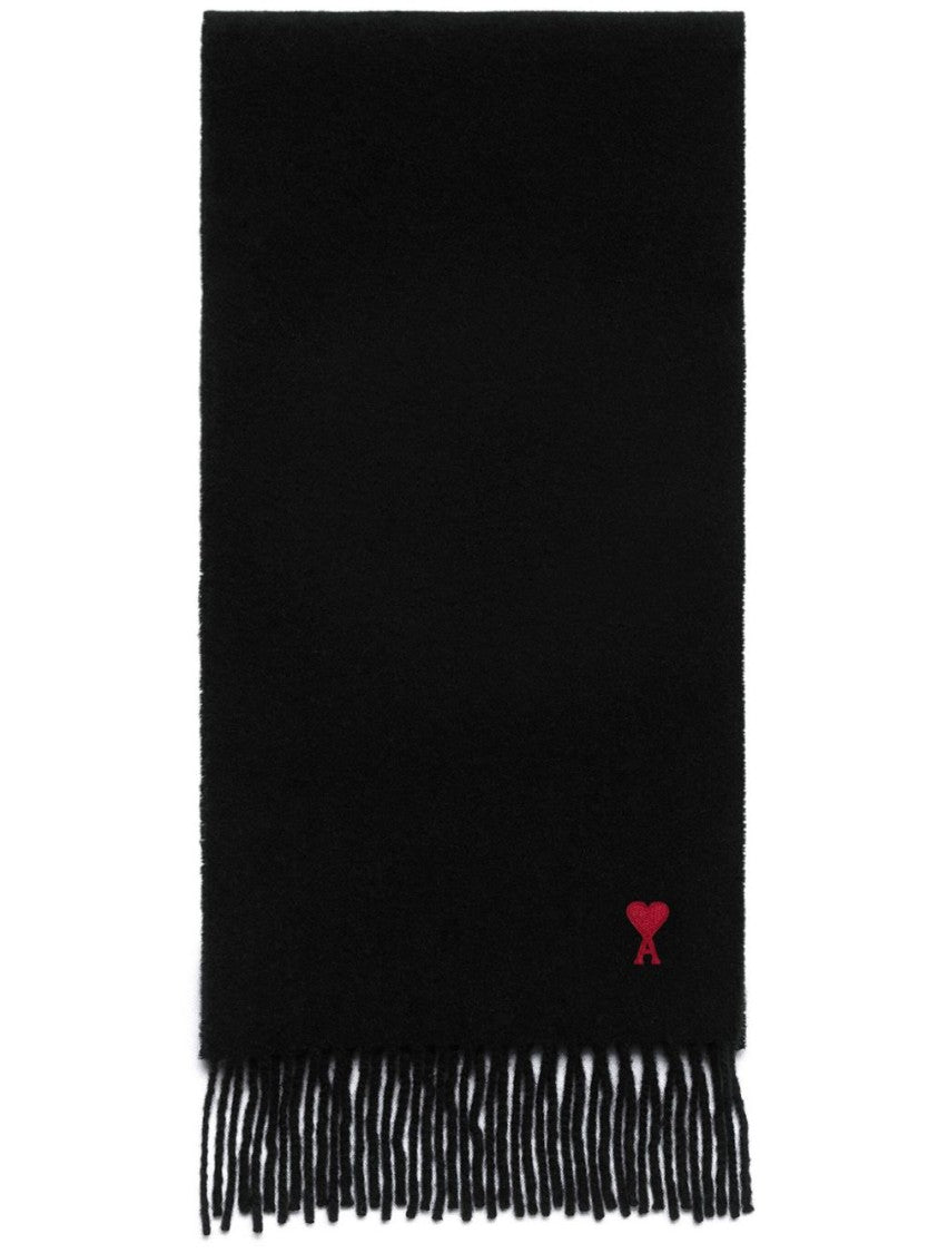 Ami Paris Wool Scarf With Signature Monogram And Fringed Edges