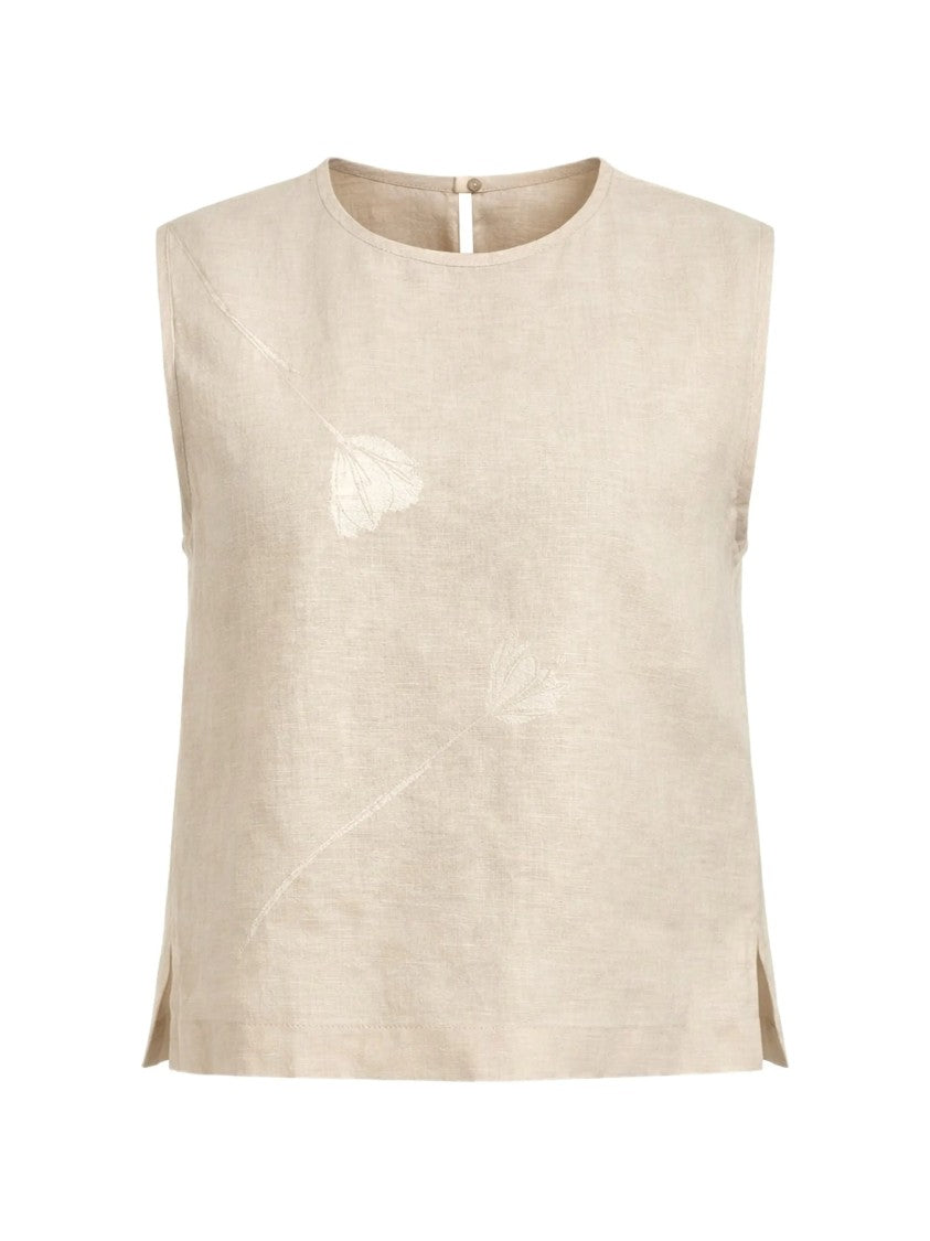 Glanshirt Boxy Sleeveless Floral Pattern Beige Top