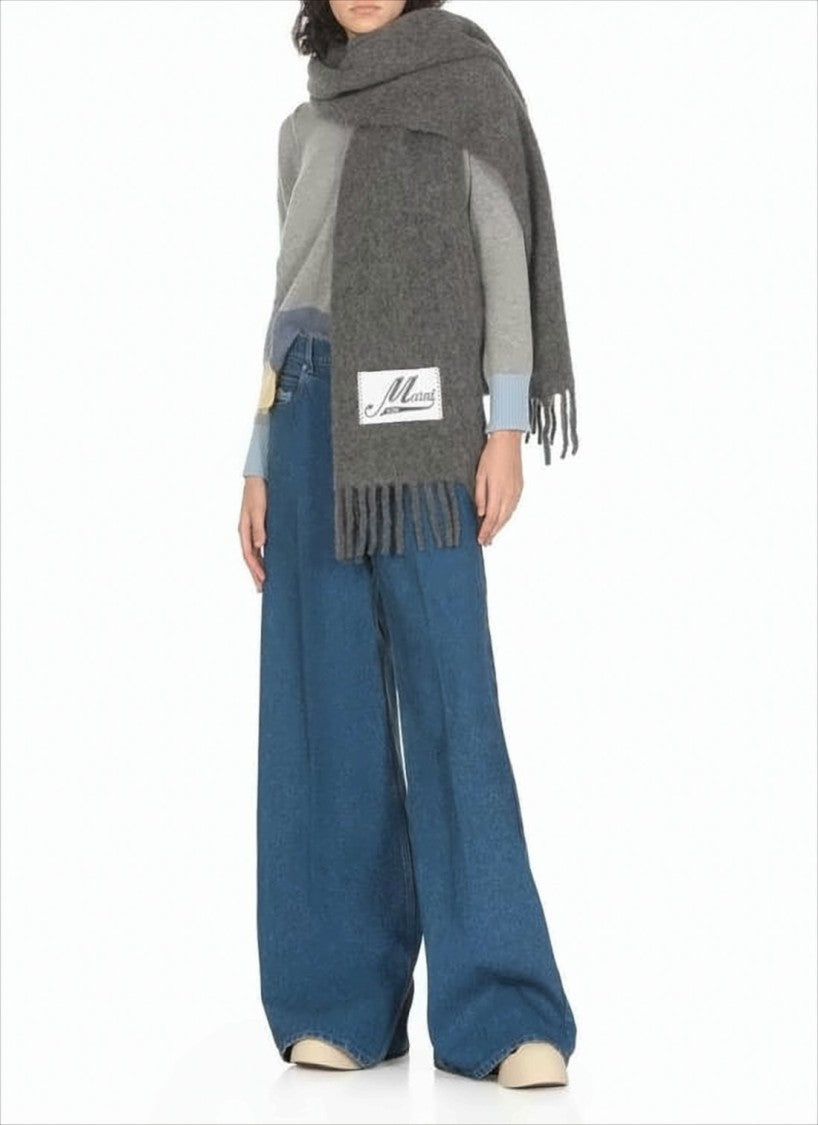 Marni Textured Deep Charcoal Grey Scarf With Fringed Ends And Signature Patch