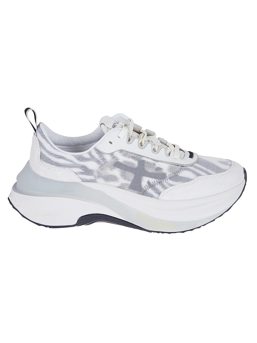 Premiata White Leopard-Print Technical Fabric Sneakers With Suede Inserts