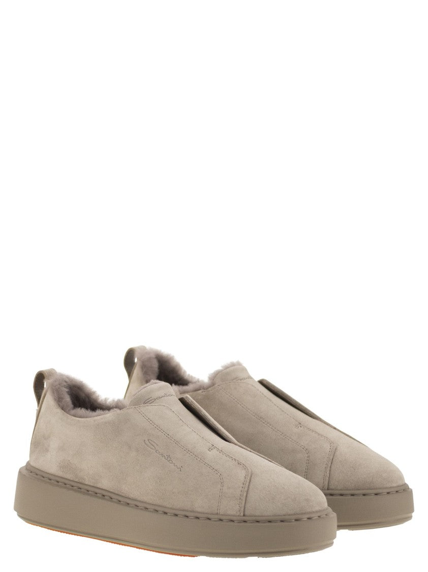 Santoni Slip-On Suede Sneakers With Fur