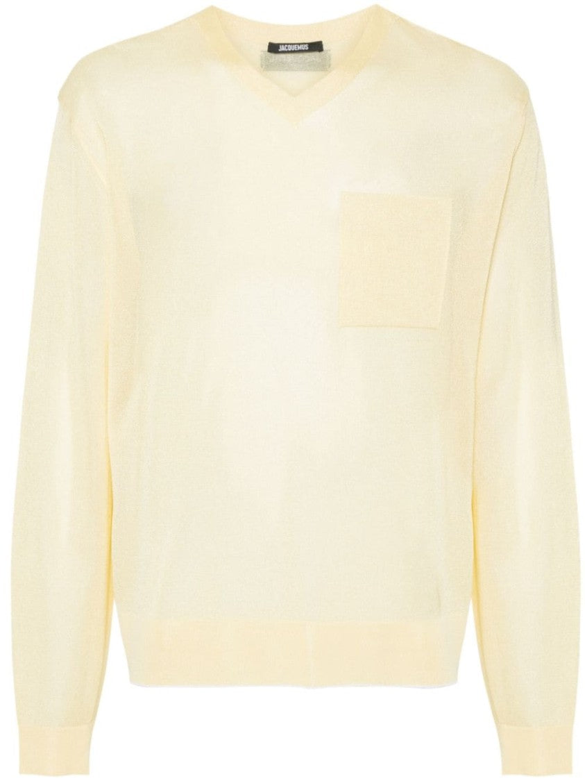Jacquemus Light Yellow Semi-Sheer Knit V-Neck Sweater