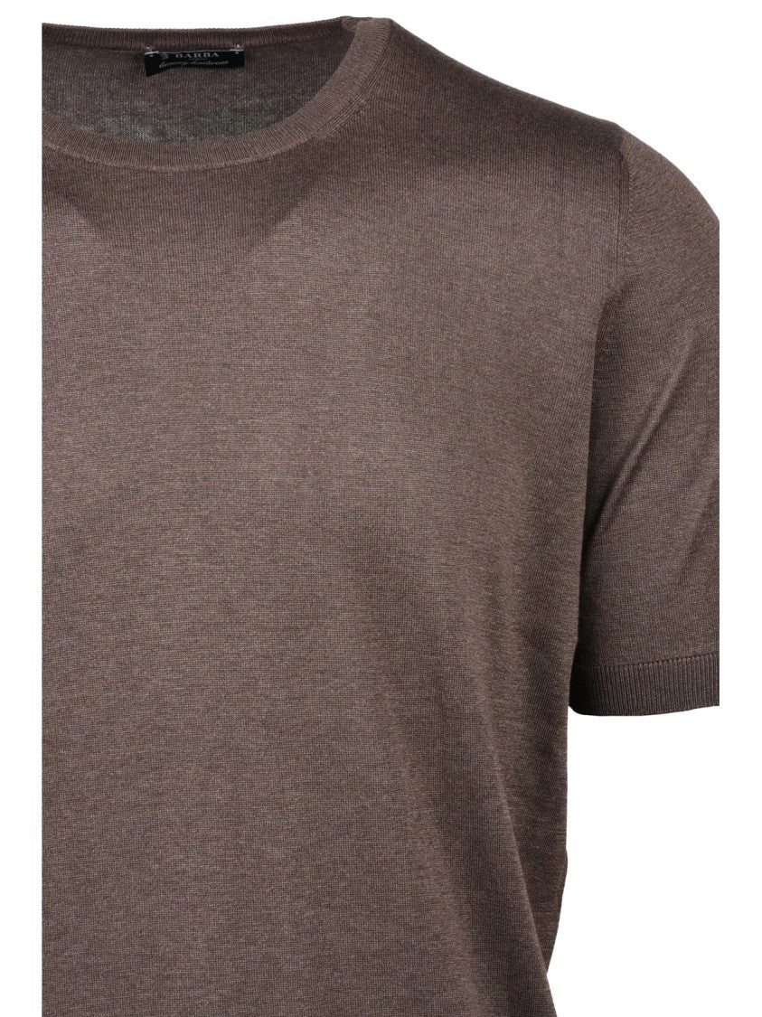 Barba Napoli Brown Silk Crew Neck Short-Sleeve Knit Top