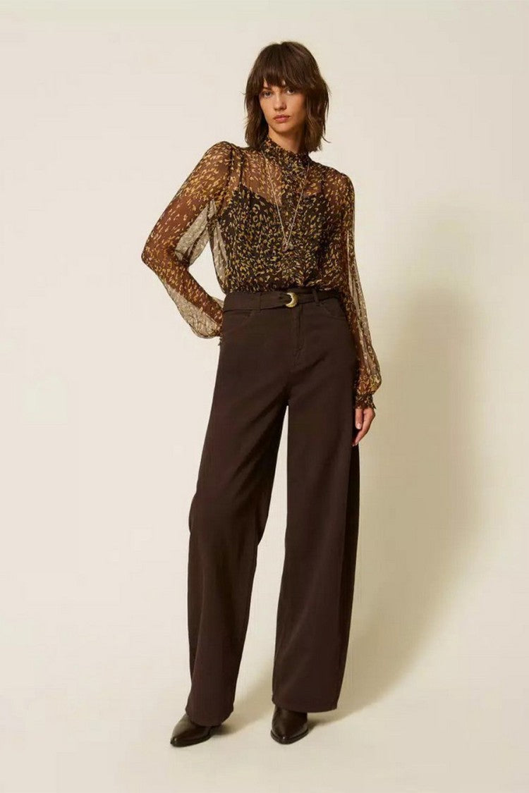 Twin-Set Brown Cotton Buckle-Waist Wide-Leg Trousers