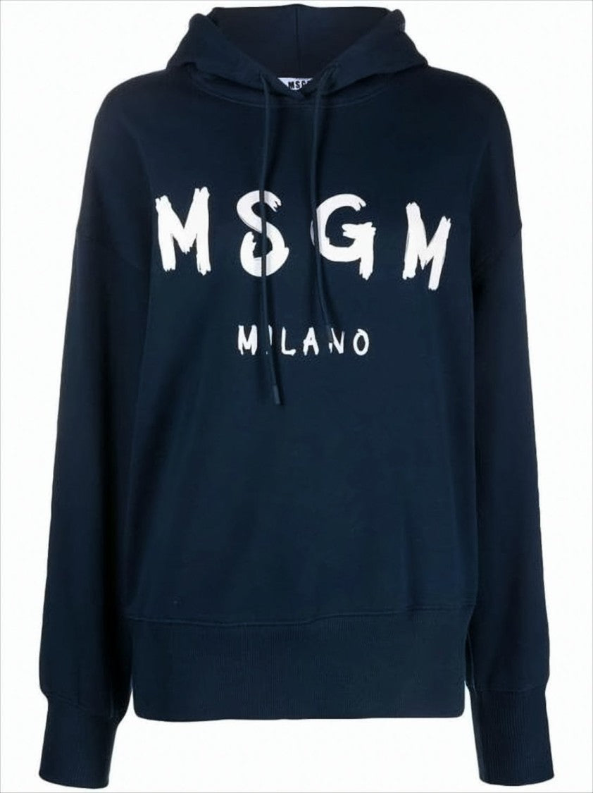 Msgm Navy Blue Hoodie With Bold Brushstroke Lettering