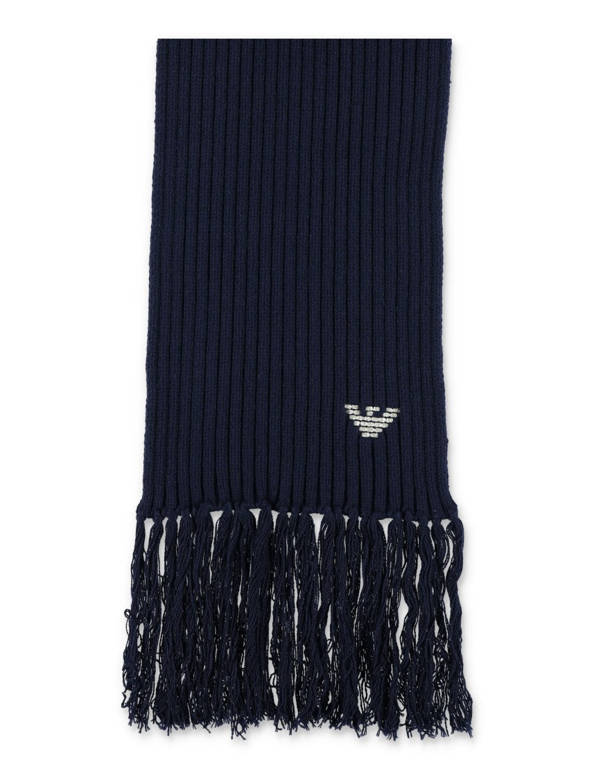 Emporio Armani Ribbed Wool Scarf With Decorative Fringes