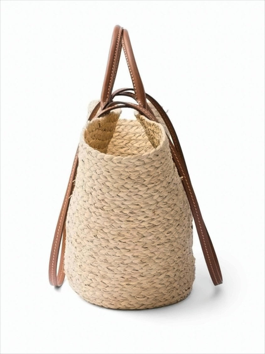 Prada Trapezoidal Raffia Shoulder Bag With Embossed Logo Detail