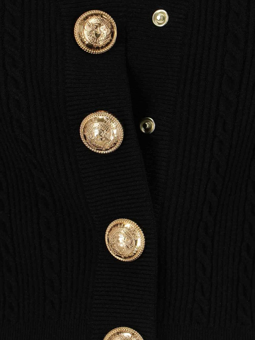 Balmain Structured Shoulder Black V-Neck Cardigan With Decorative Buttons