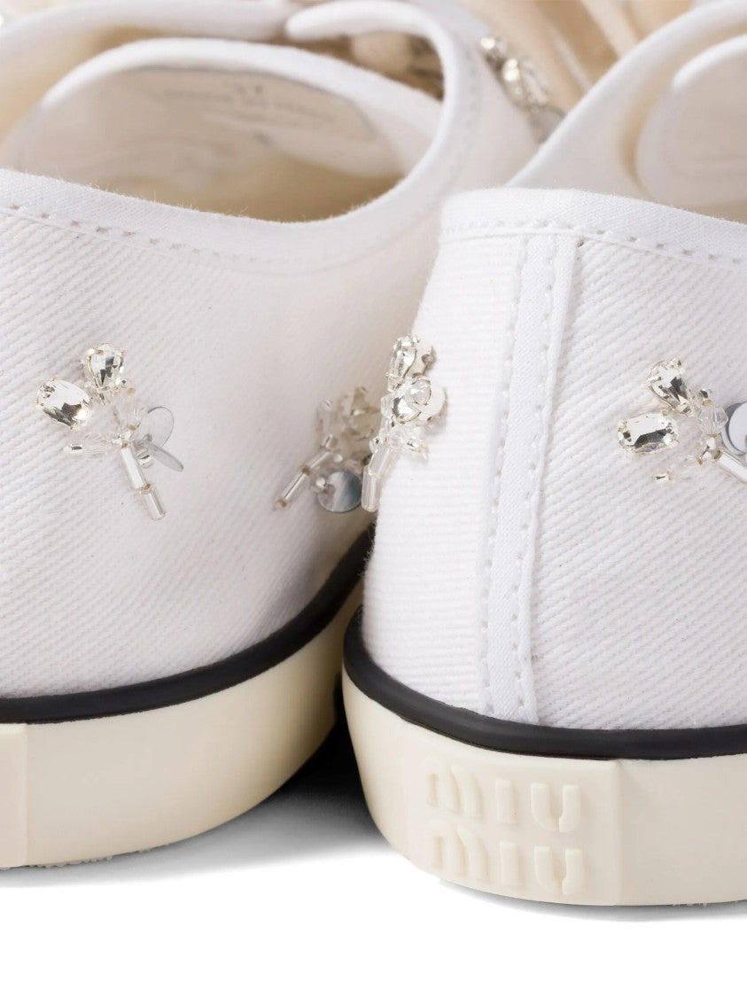 Miu Miu White Low-Profile Crystal-Embellished Canvas Sneakers