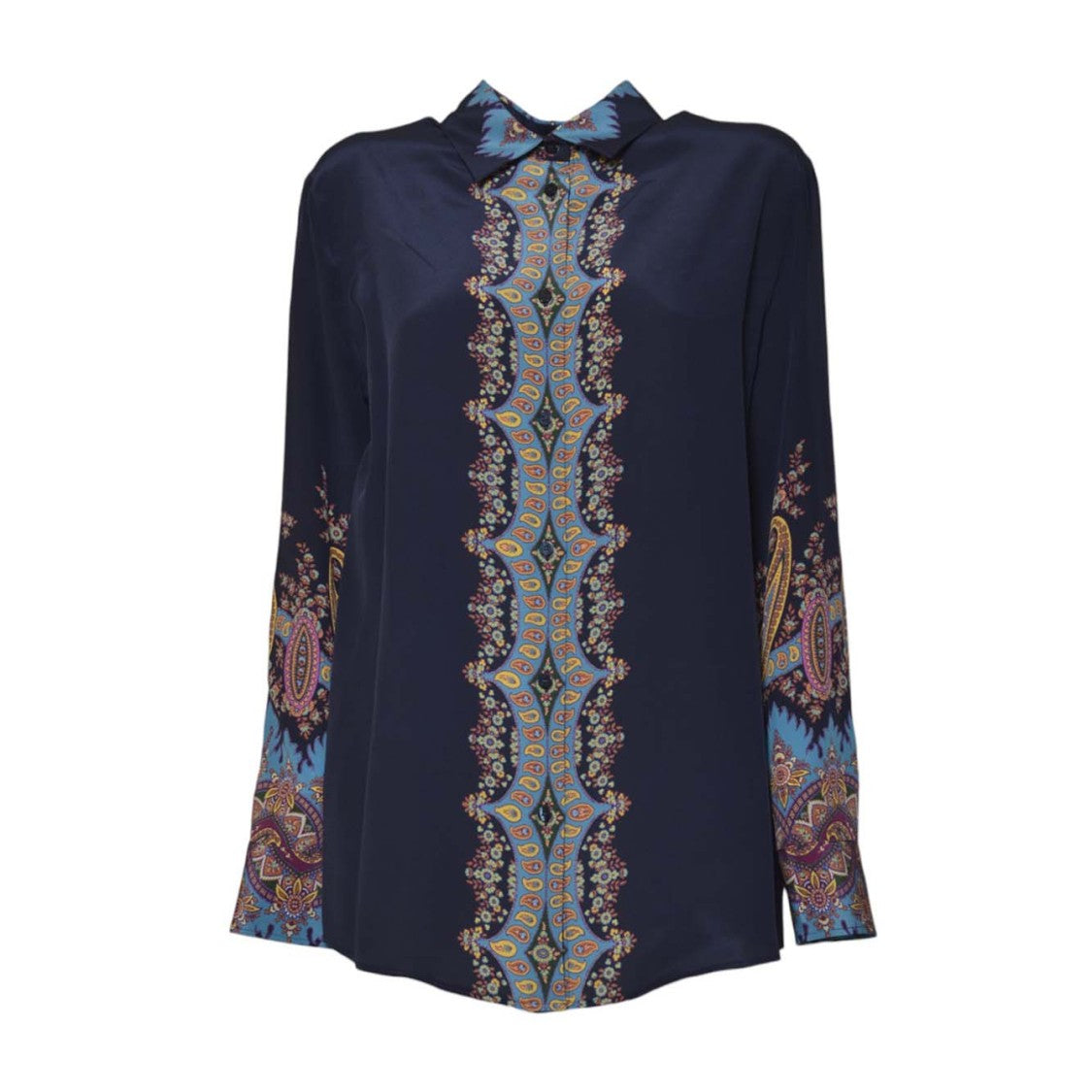 Etro Deep Blue Silk Shirt With Intricate Paisley Design