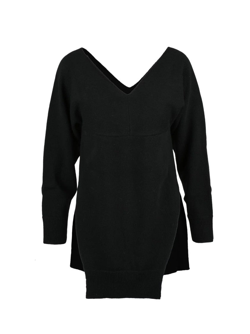 Stefano Mortari Asymmetrical Black Wool Knit Sweater With V-Neckline And Slit Detail